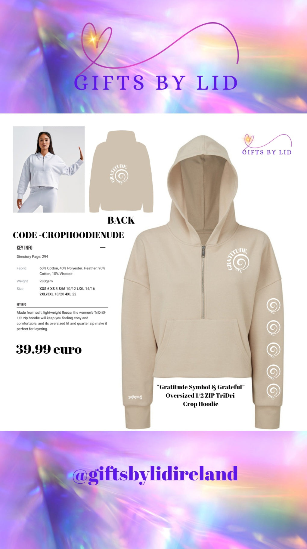 Oversized Crop 1/2 Zip TriDri Printed Hoodie