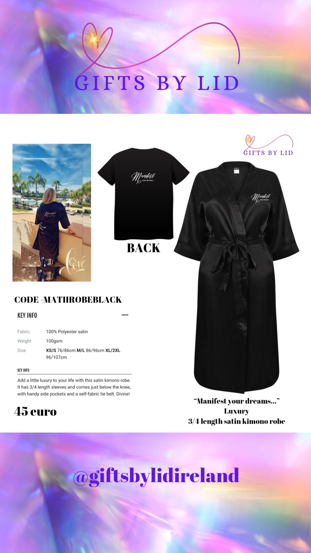 Printed Luxury 3/4 Length Satin Kimono Robe