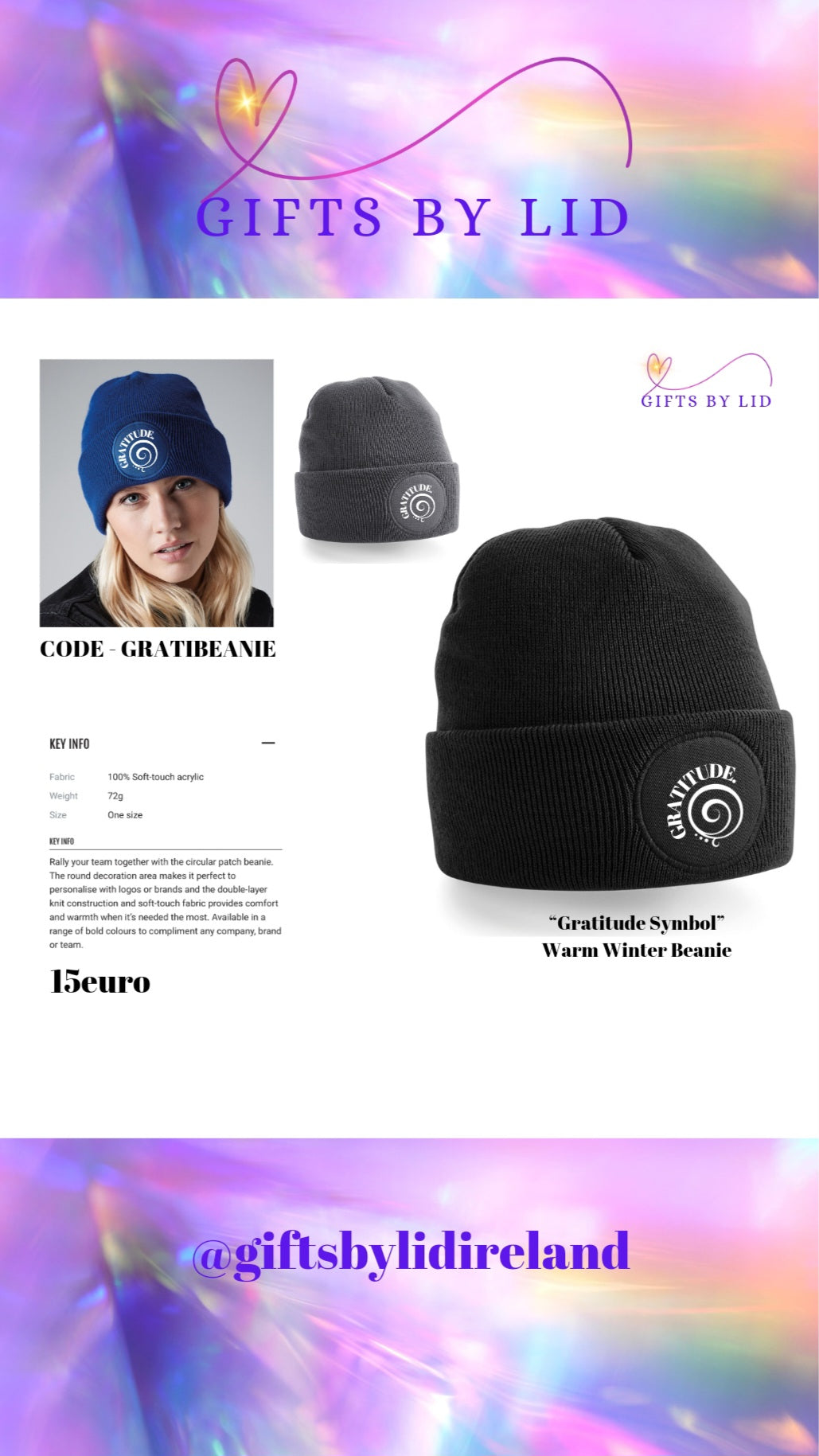 Warm Winter Beanie with Birth Star Sign Symbol or Gratitude Symbol