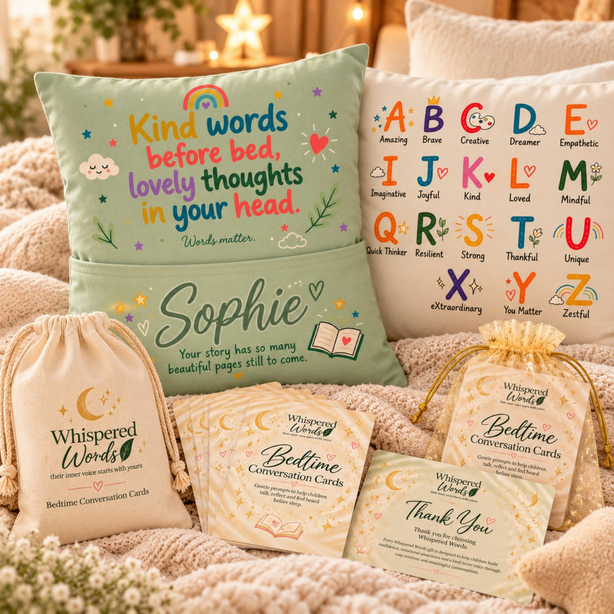 Whispered Words reading cushion, affirmation pillowcase and bedtime conversation cards